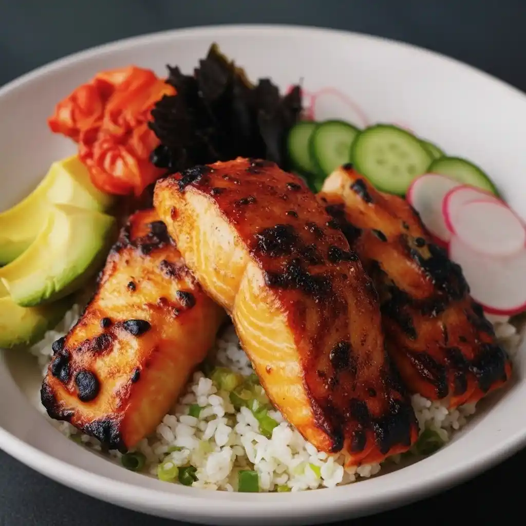 Assembled Sticky Miso Salmon Bowl with rice and vegetables