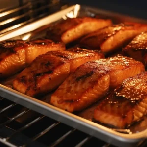 Salmon broiling under miso glaze for Sticky Miso Salmon Bowl
