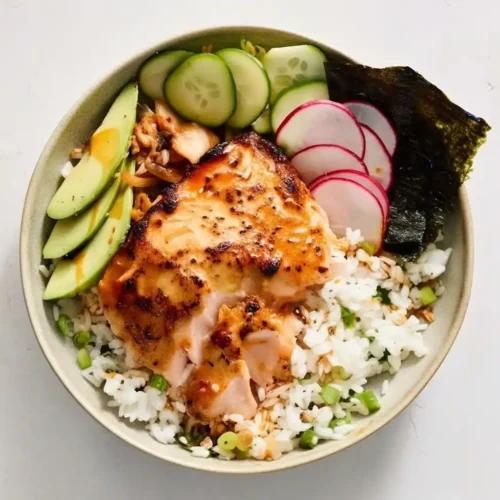 Sticky Miso Salmon Bowl with rice and avocado