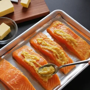 Spreading miso glaze on salmon fillets for Sticky Miso Salmon Bowl