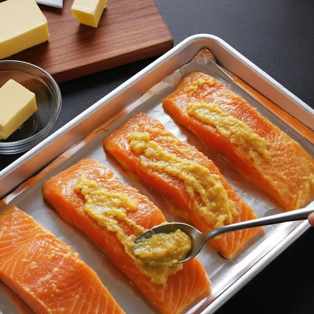 Spreading miso glaze on salmon fillets for Sticky Miso Salmon Bowl