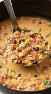 Ground beef taco soup simmering in a pot