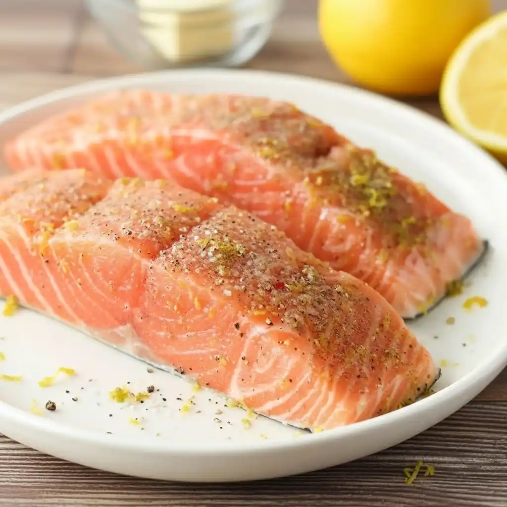 Raw salmon fillets seasoned with lemon zest, salt, and black pepper on a white plate.