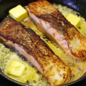 Salmon fillets in bubbling garlic butter inside a skillet, golden and crispy.