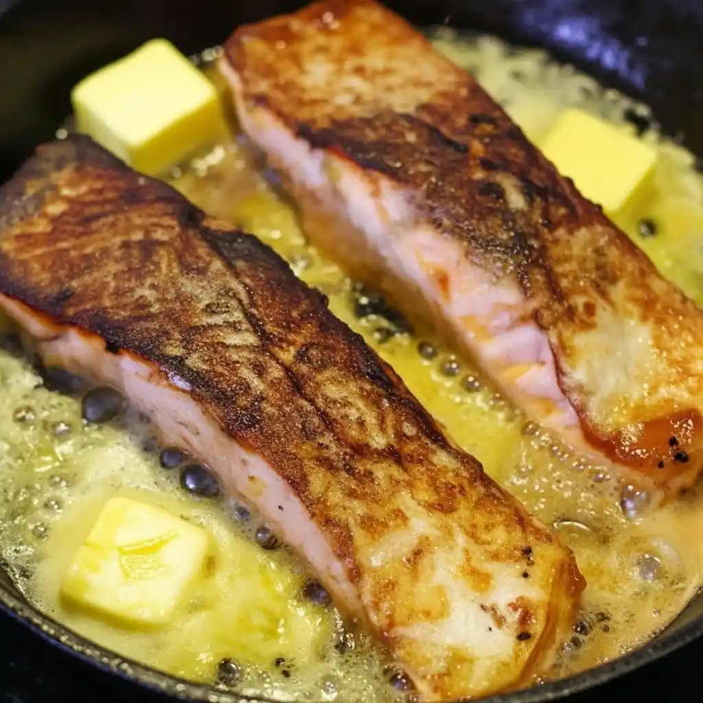Salmon fillets in bubbling garlic butter inside a skillet, golden and crispy.