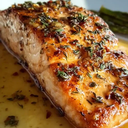 Close-up of glazed Texas Roadhouse-style salmon topped with herbs and garlic butter sauce.
