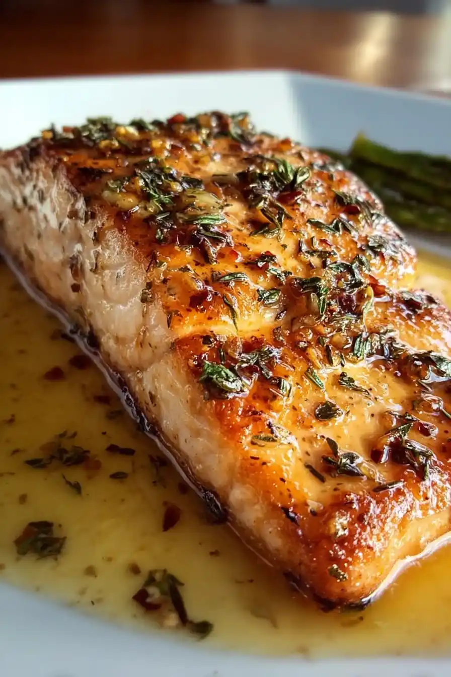 Close-up of glazed Texas Roadhouse-style salmon topped with herbs and garlic butter sauce.