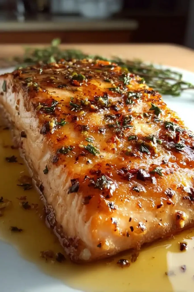 Plated Texas Roadhouse-style salmon with herbs, garlic butter, and lemon slices.