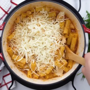 Adding mozzarella and parmesan to easy chicken parmesan pasta