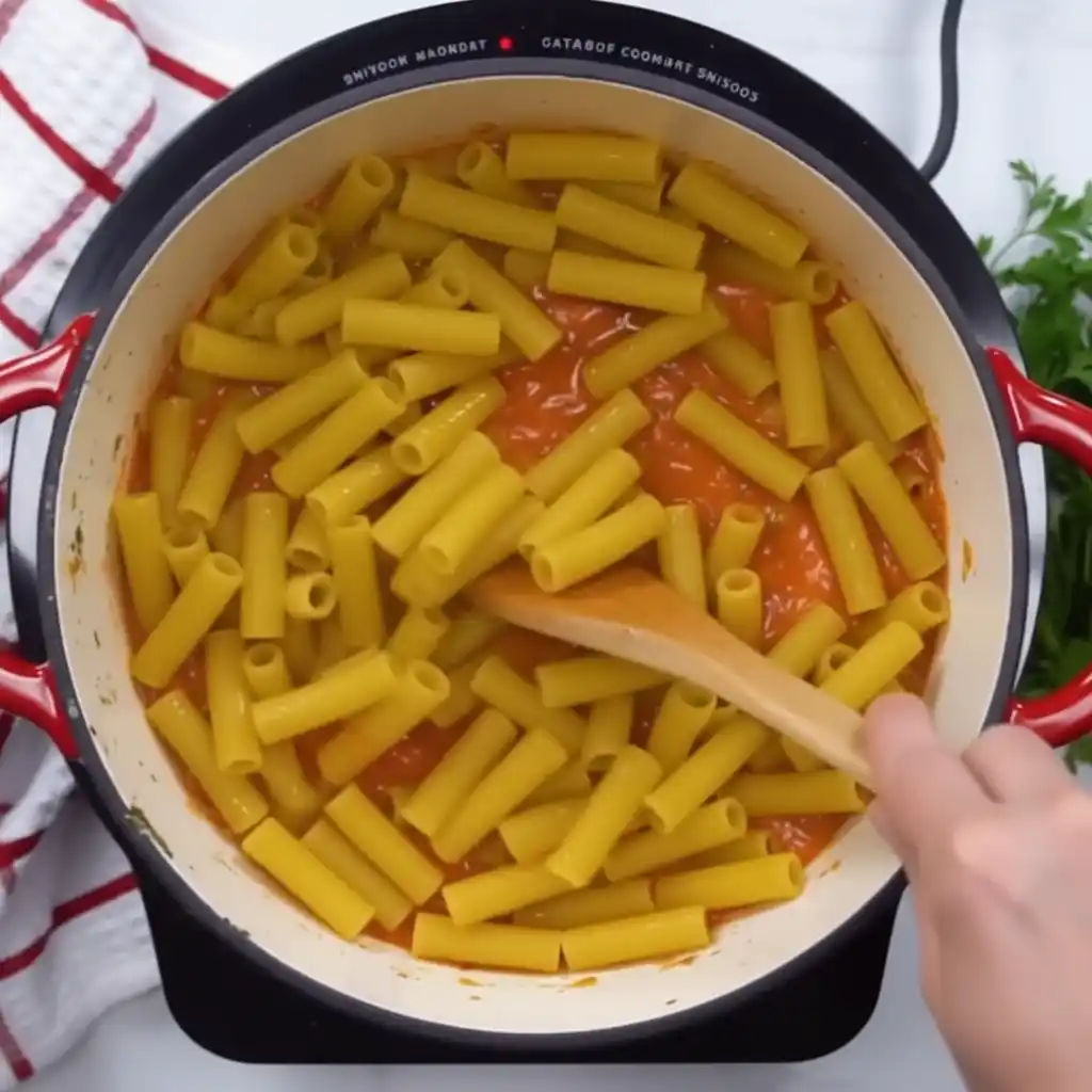 Adding pasta to marinara sauce for chicken parmesan pasta