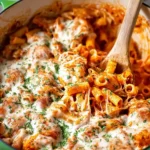 Baked easy chicken parmesan pasta with golden cheese top