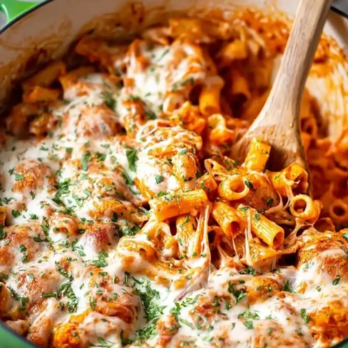 Baked easy chicken parmesan pasta with golden cheese top