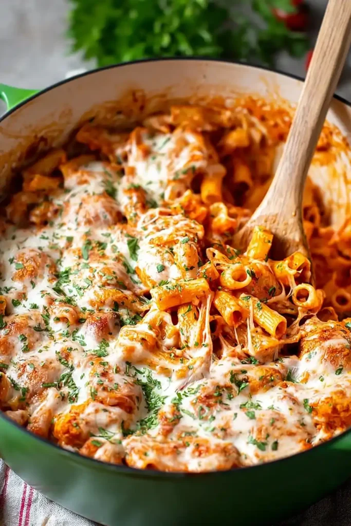 Baked easy chicken parmesan pasta with golden cheese top