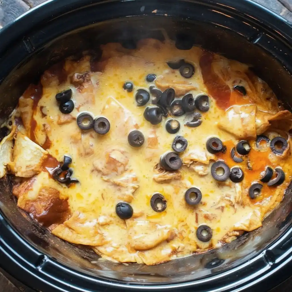 Chicken Enchilada Crockpot Casserole fully cooked with melted cheese and olives