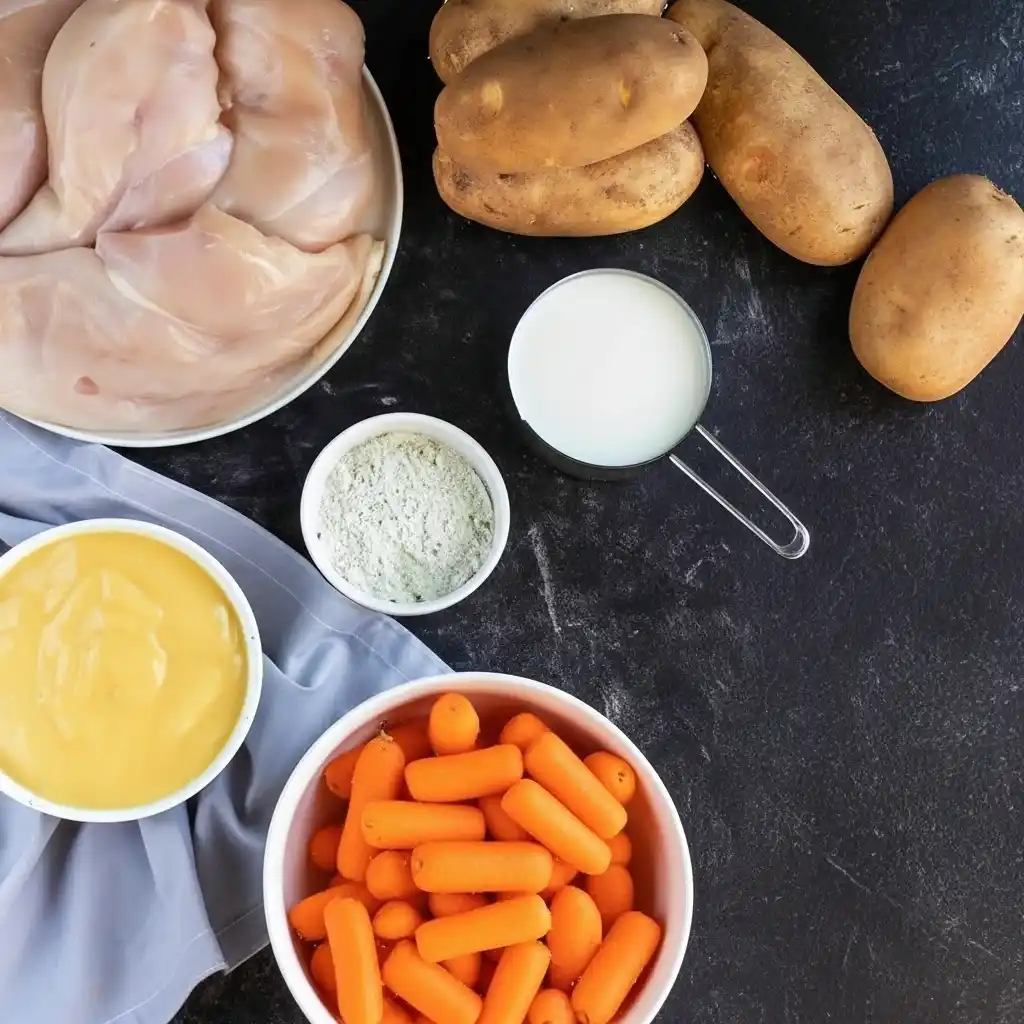 Potatoes and carrots layered with creamy ranch sauce in a slow cooker.