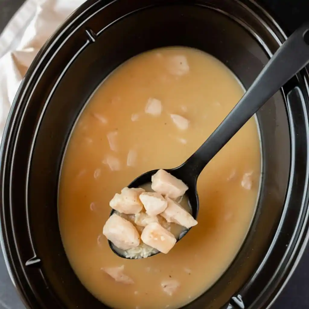 Chicken and broth mixture in crock pot for Crock Pot Chicken and Rice Recipe