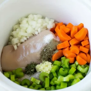 Raw chicken, carrots, celery, onion, and herbs in crockpot for chicken tortellini soup