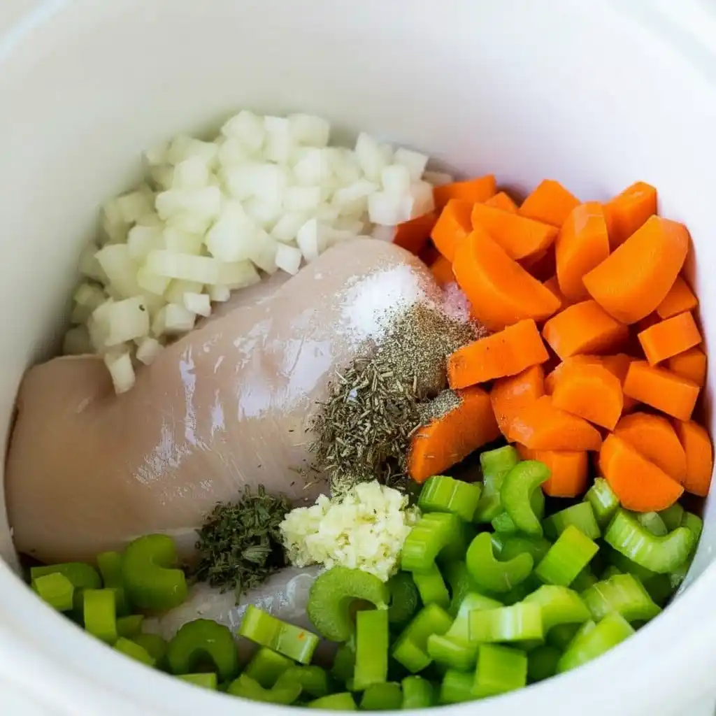 Raw chicken, carrots, celery, onion, and herbs in crockpot for chicken tortellini soup
