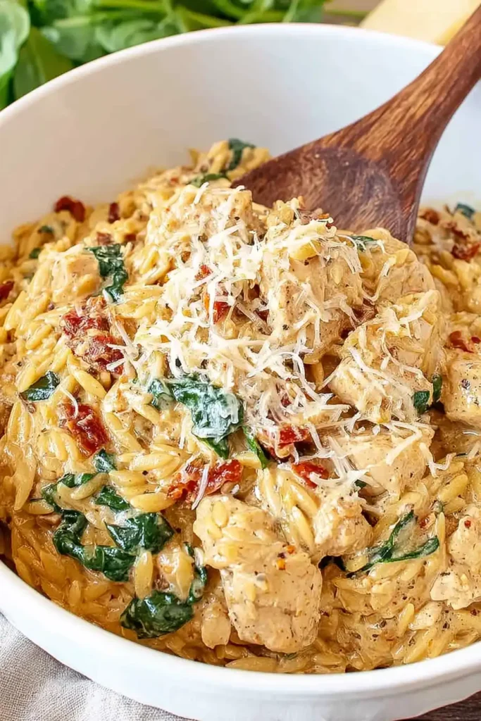 Creamy Tuscan chicken orzo with spinach and Parmesan in slow cooker