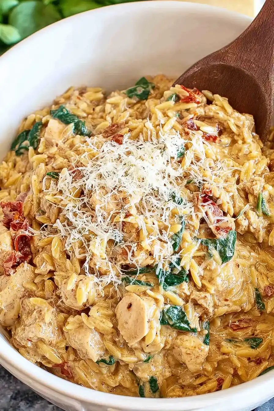 Orzo chicken with spinach and sun-dried tomatoes in white bowl