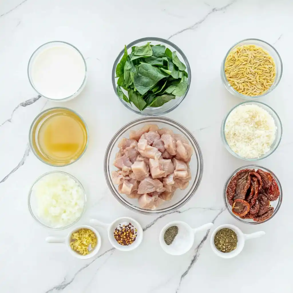 Ingredients for Crockpot Creamy Tuscan Chicken Orzo arranged on marble counter