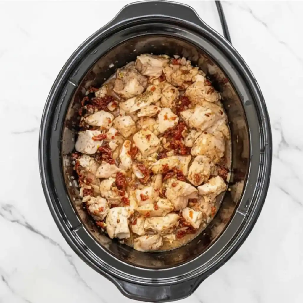 Chicken simmering in broth and tomato sauce for creamy Tuscan orzo