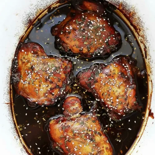 Crockpot Honey Garlic Chicken in slow cooker with sesame glaze