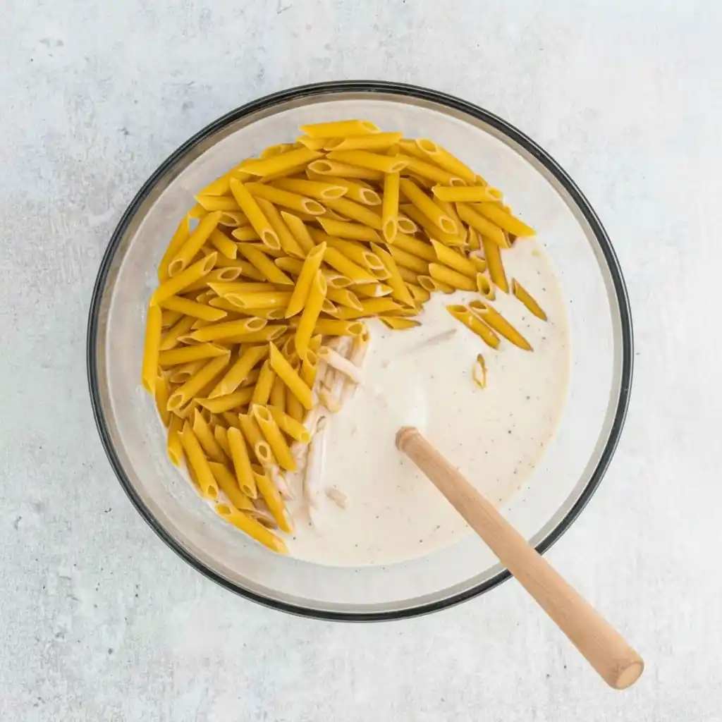 mixing uncooked pasta and alfredo sauce for crockpot chicken alfredo bake