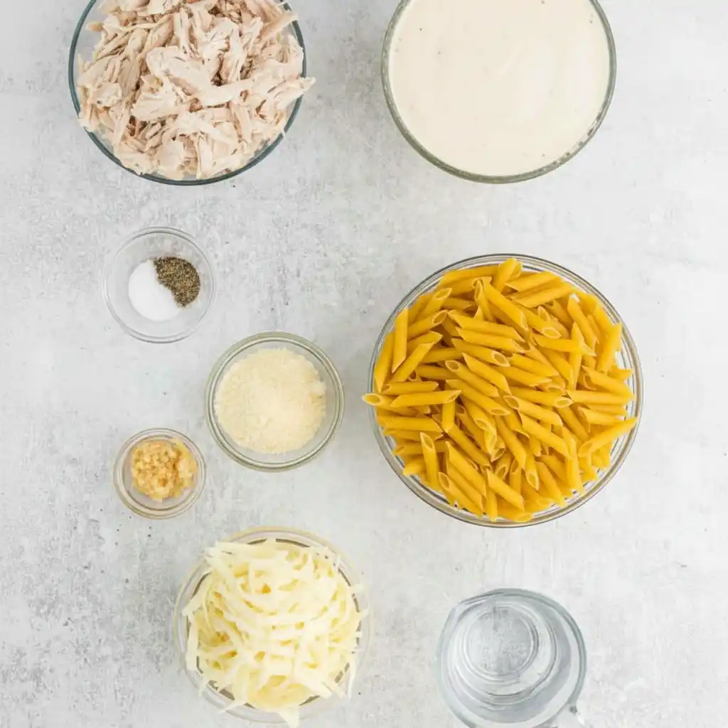 easy crockpot chicken alfredo bake ingredients on counter