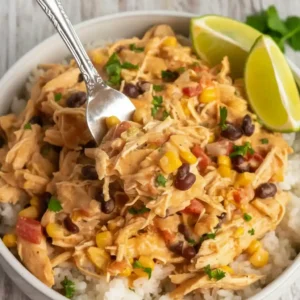 Fiesta Chicken Crock Pot slow cooker recipe with black beans, corn, and shredded chicken