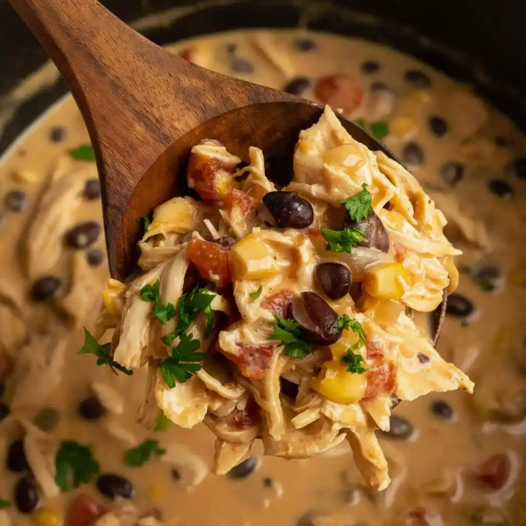Fiesta Chicken Crock Pot cooking in a slow cooker with creamy sauce and tender shredded chicken