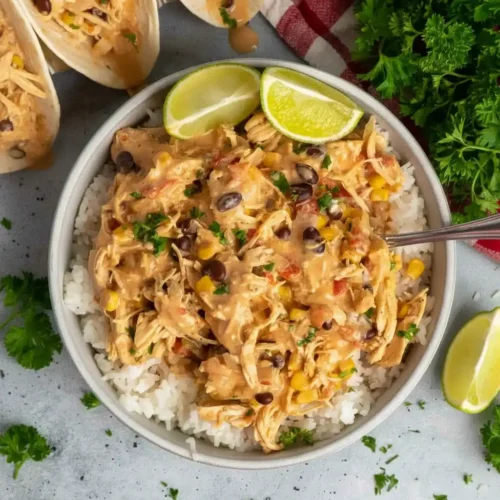 Fiesta Chicken Crock Pot served over rice with lime wedges and cilantro