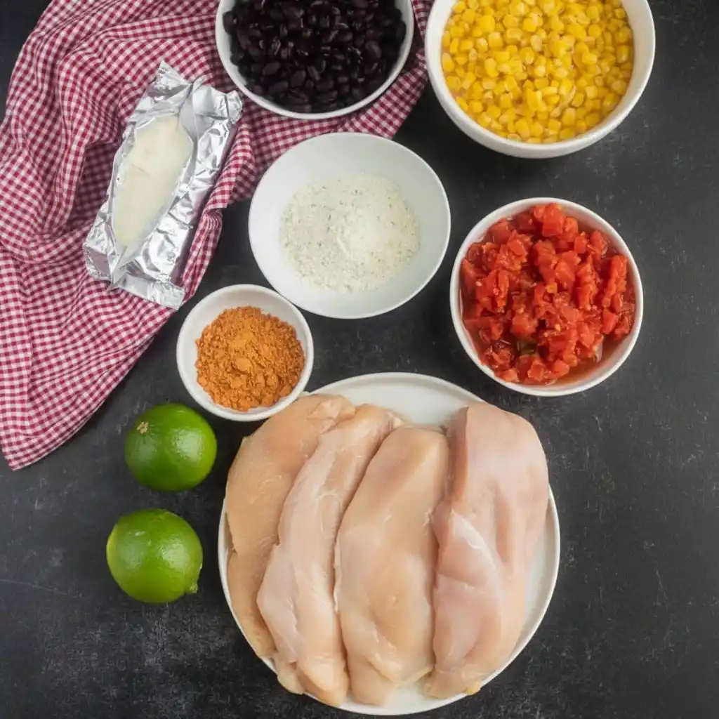 Ingredients for Fiesta Chicken Crock Pot including chicken breasts, black beans, corn, Rotel, taco seasoning, ranch mix, and limes