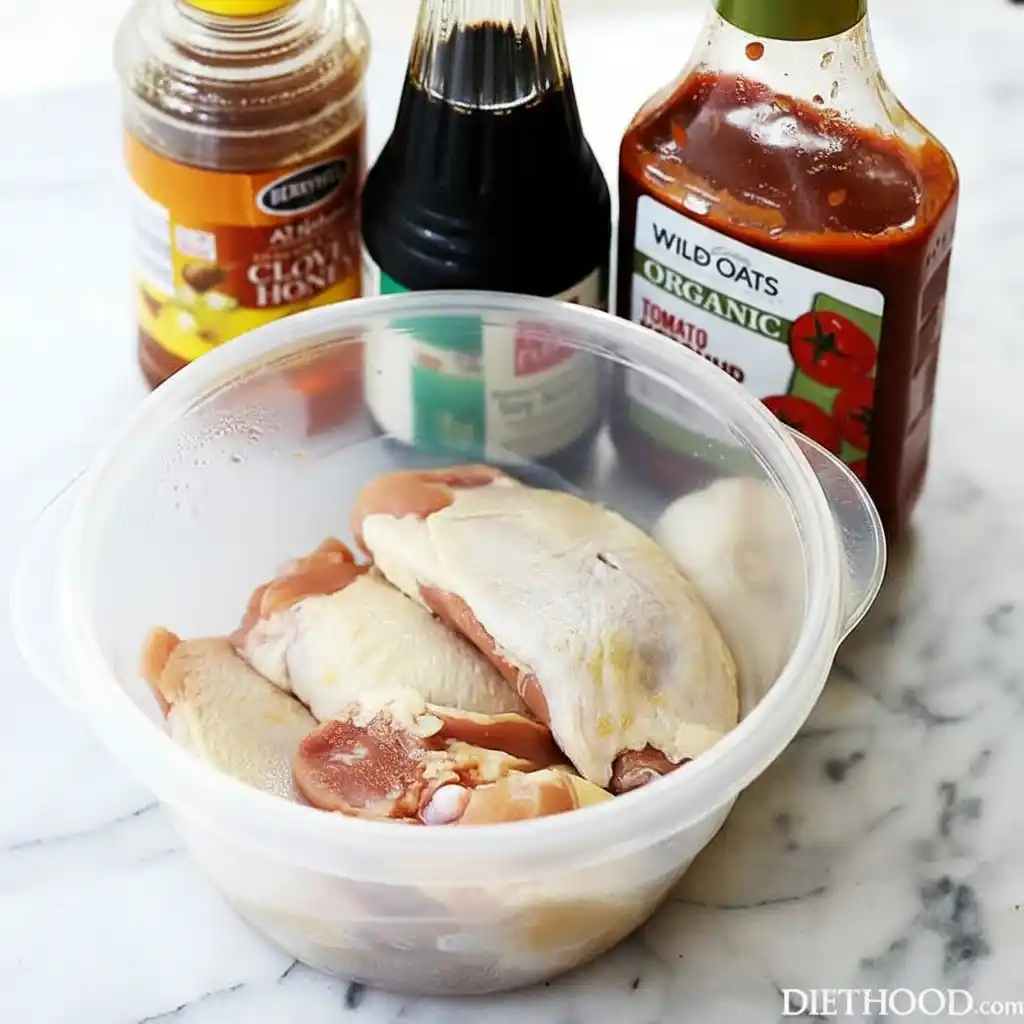 : Ingredients for Crockpot Honey Garlic Chicken on marble countertop