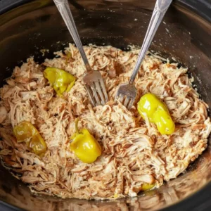 shredded Mississippi chicken in crock pot with peppers