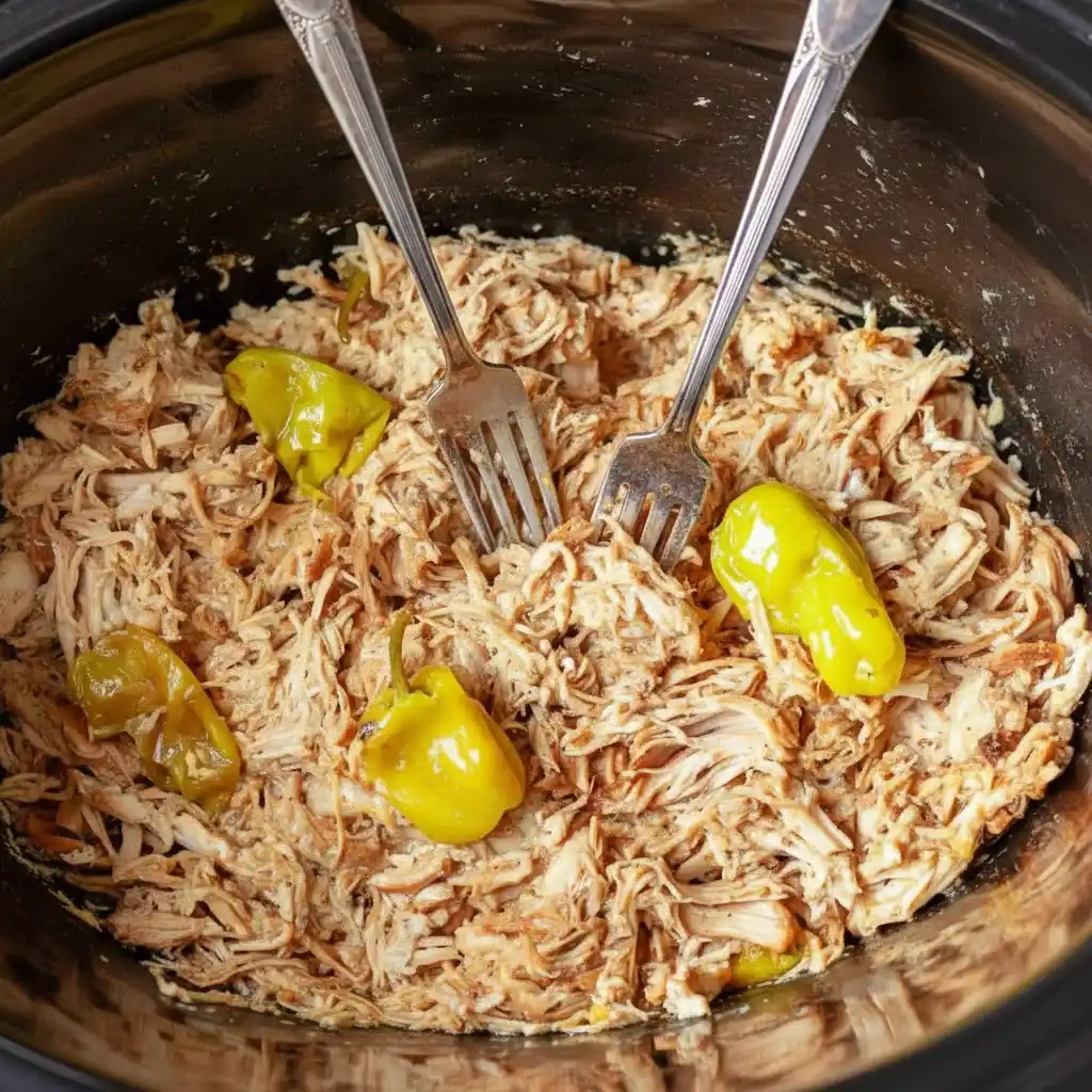 shredded Mississippi chicken in crock pot with peppers