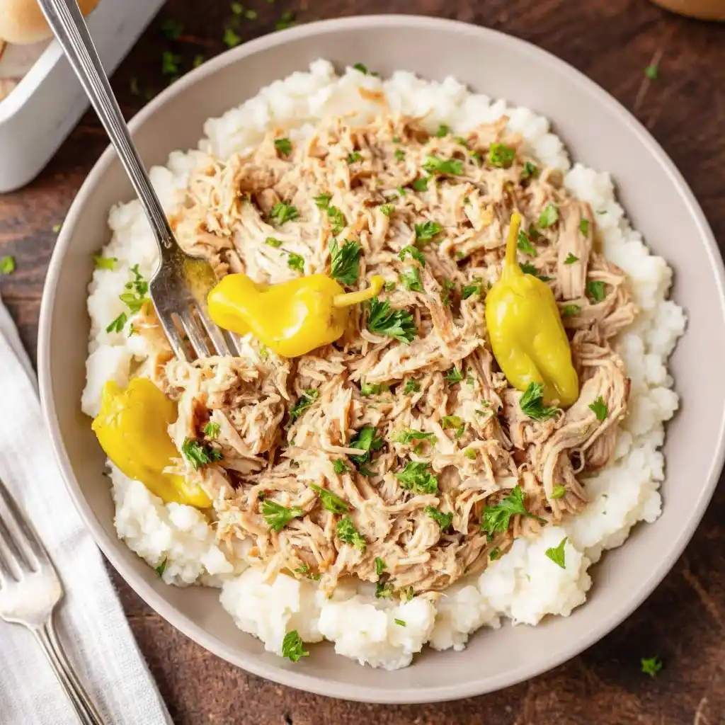Mississippi chicken crock pot served over mashed potatoes with peppers