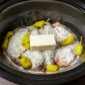 seasoned chicken with butter and pepperoncini in crock pot