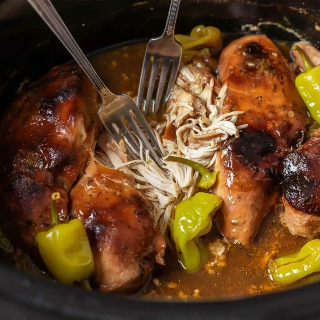 Mississippi chicken shredding with forks in crock pot