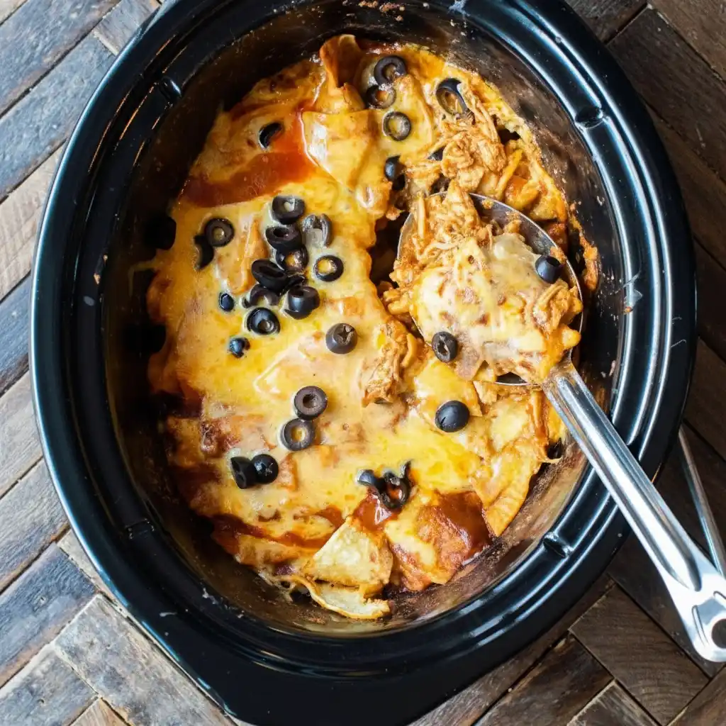 Serving Chicken Enchilada Crockpot Casserole from the slow cooker