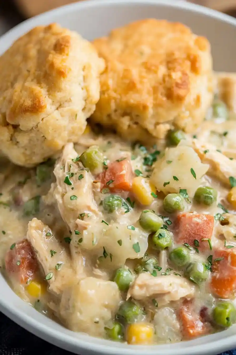 Spoonful of creamy chicken pot pie from slow cooker