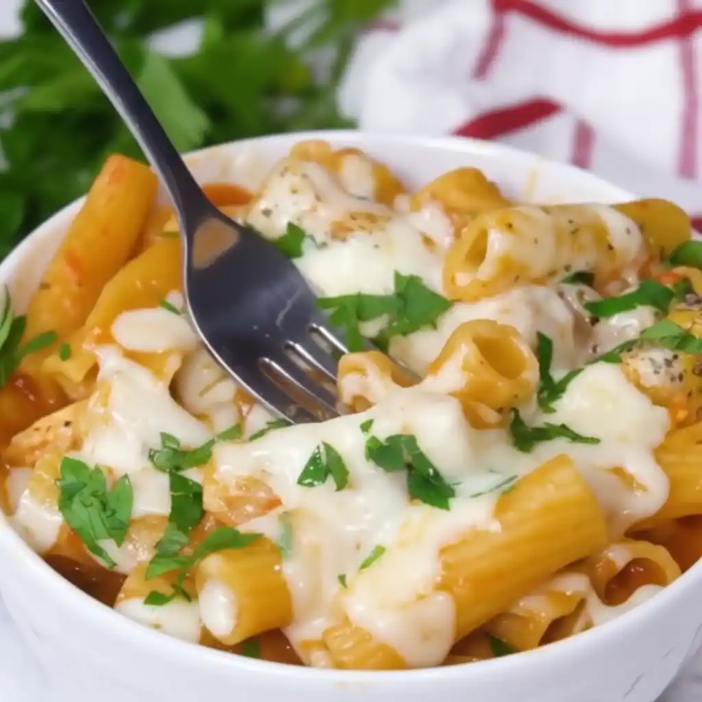 Serving easy chicken parmesan pasta with fork