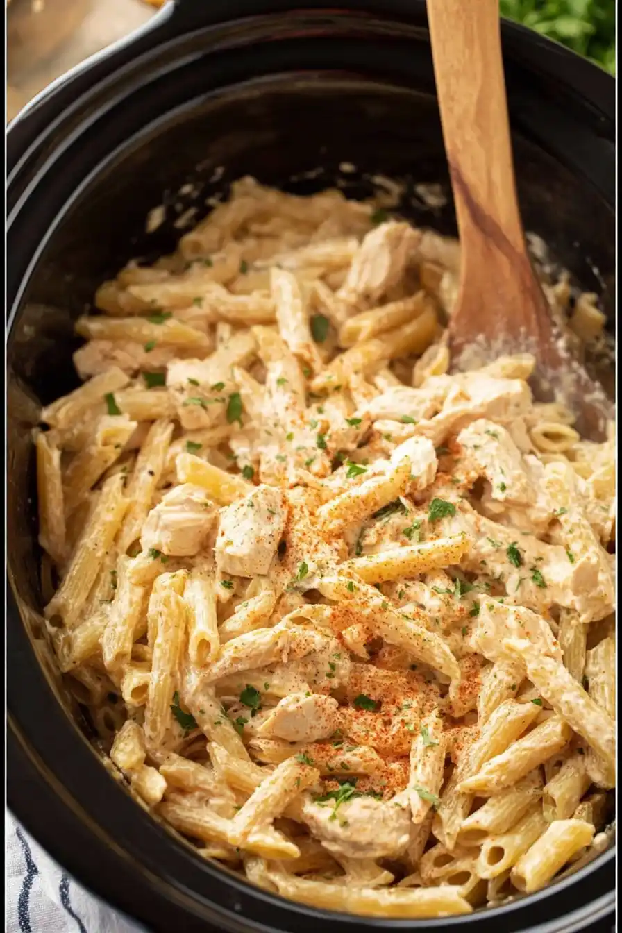 Slow Cooker Cajun Chicken Pasta in creamy sauce inside a crockpot