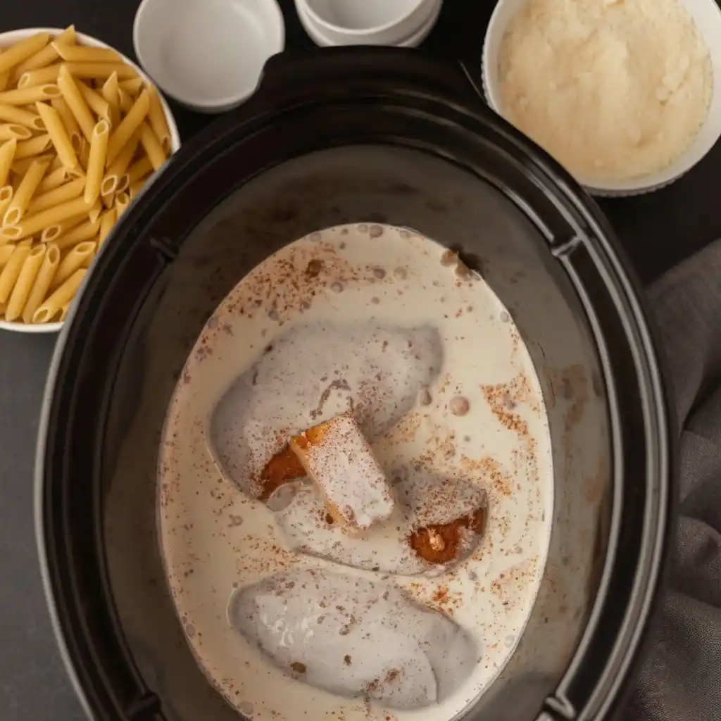 Adding chicken and cream mixture to slow cooker for Cajun chicken pasta