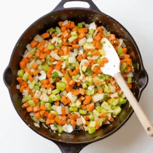 Sautéing carrots, onions, and celery for Slow Cooker Creamy Vegetable Chicken Stew