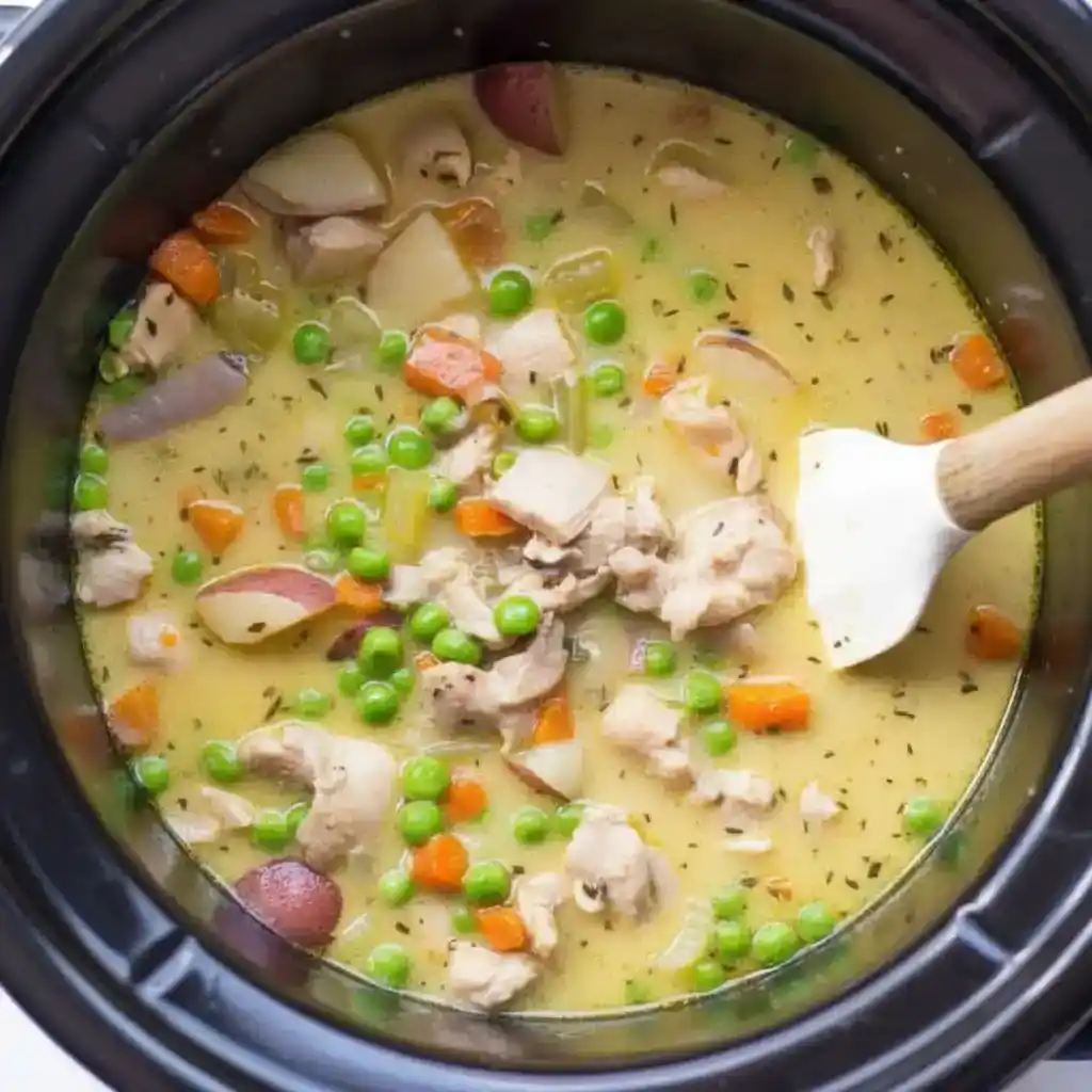 Slow Cooker Creamy Vegetable Chicken Stew in crockpot