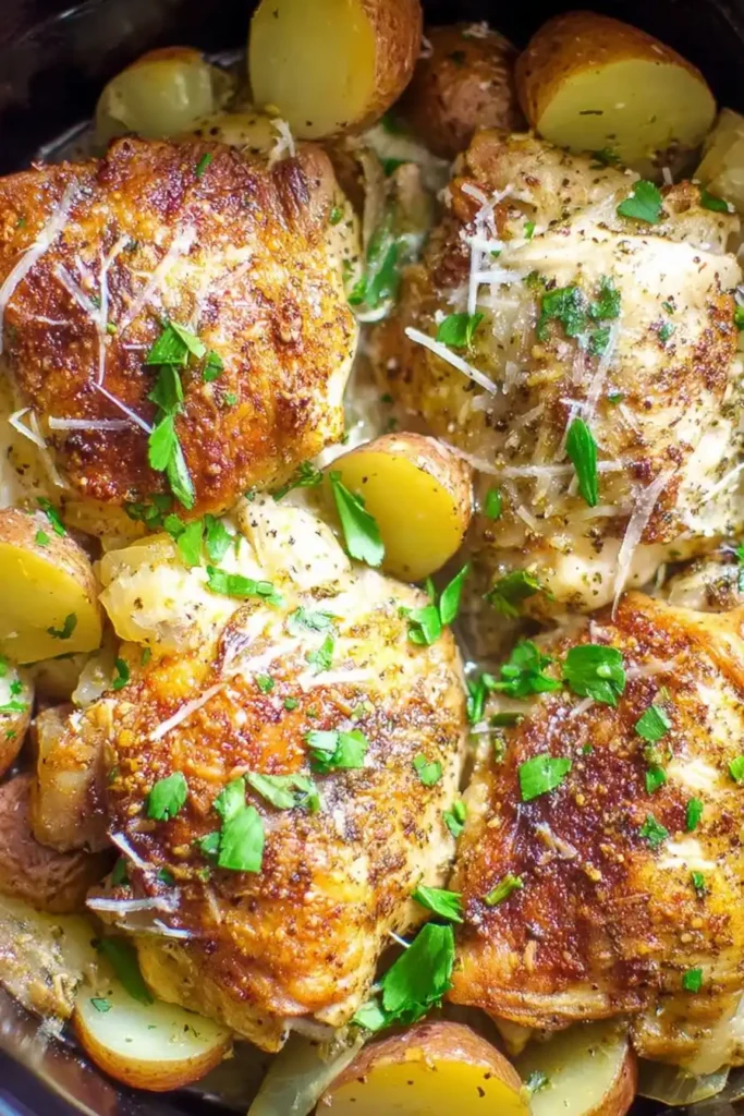 slow cooker garlic parmesan chicken and potatoes featured Slow Cooker Garlic Parmesan Chicken