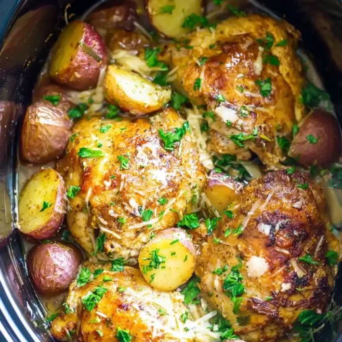 Slow Cooker Garlic Parmesan Chicken and Potatoes with golden chicken thighs and baby potatoes