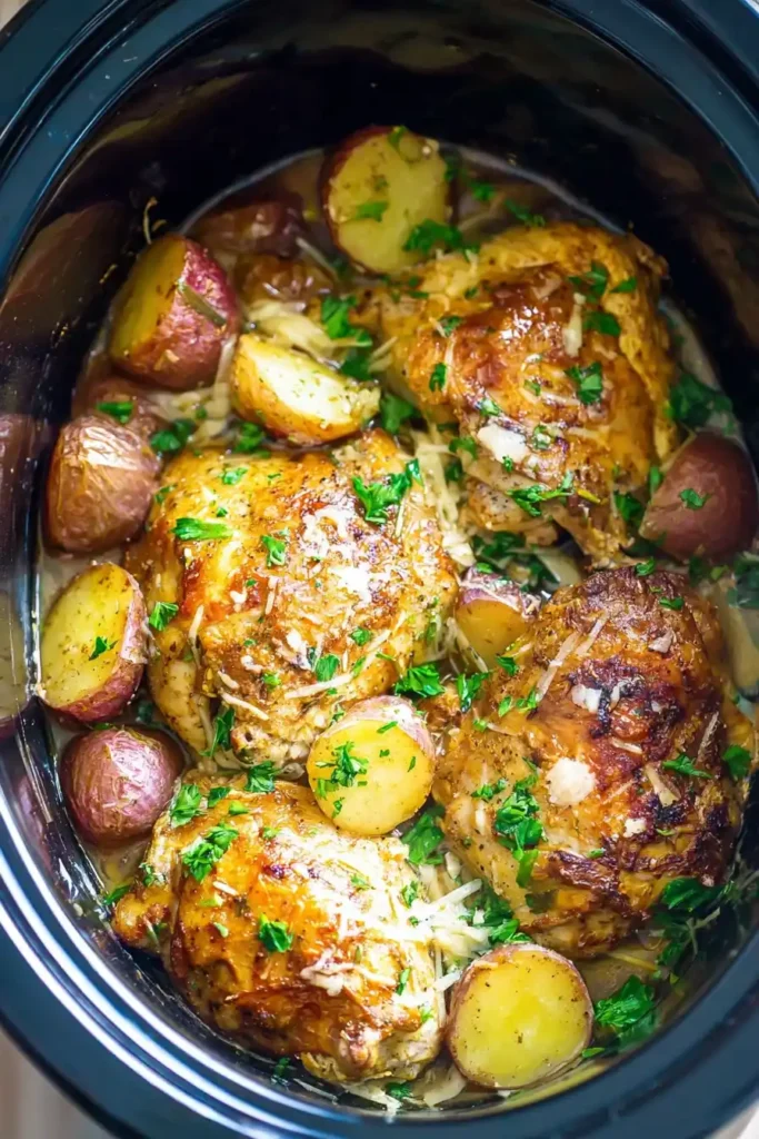 Slow Cooker Garlic Parmesan Chicken and Potatoes with golden chicken thighs and baby potatoes