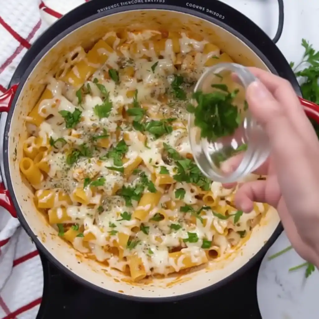 Topping easy chicken parmesan pasta with parsley and cheese